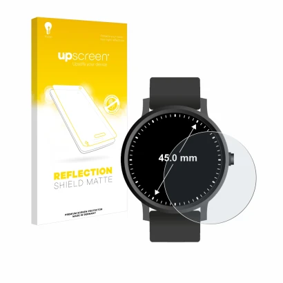 Front side of a product packaging with the brand logo upscreen. Next to it is the device Watches (Circular, ø: 45 mm) shown wi