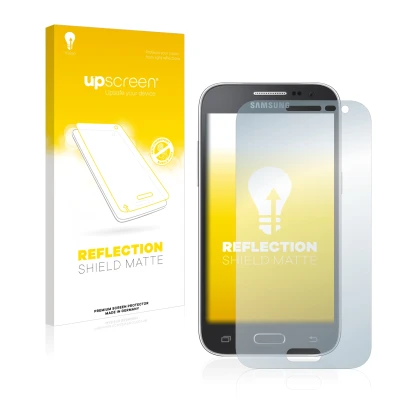 Front side of a product packaging with the brand logo upscreen. Next to it is the device Samsung Galaxy Core Prime G360 shown 
