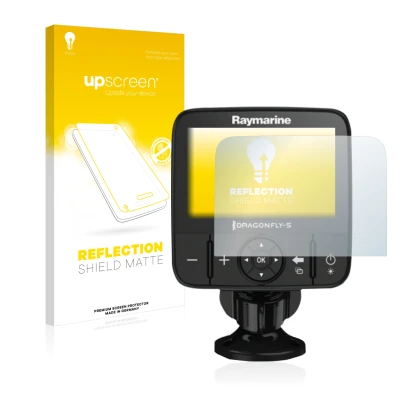 Front side of a product packaging with the brand logo upscreen. Next to it is the device Raymarine Dragonfly 5 shown with the