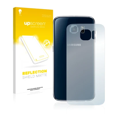 Front side of a product packaging with the brand logo upscreen. Next to it is the device Samsung SM-G920F (Back) shown with th