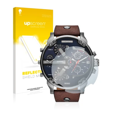 Front side of a product packaging with the brand logo upscreen. Next to it is the device Diesel DZ7314 Mr. Daddy shown with th