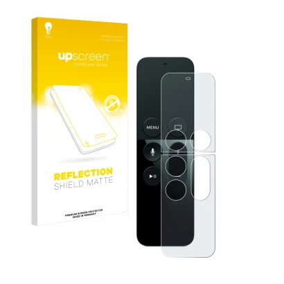 Front side of a product packaging with the brand logo upscreen. Next to it is the device Apple Remote Control Apple TV 4 shown