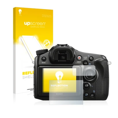 Front side of a product packaging with the brand logo upscreen. Next to it is the device Sony Alpha 68 shown with the correspo