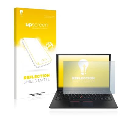 Front side of a product packaging with the brand logo upscreen. Next to it is the device Lenovo ThinkPad X1 shown with the cor