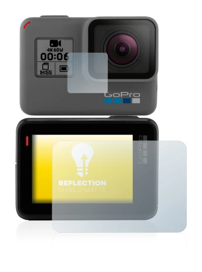 Image of the device GoPro Hero 5 Black with a wide variety of screen protectors.