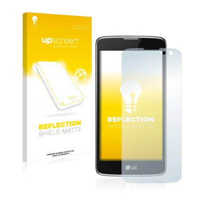 Front side of a product packaging with the brand logo upscreen. Next to it is the device LG K7 (camera right only) shown with 