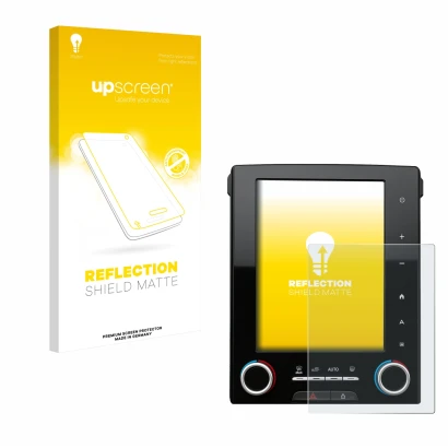 Front side of a product packaging with the brand logo upscreen. Next to it is the device Renault Megane GT R-Link 2 8.7" shown