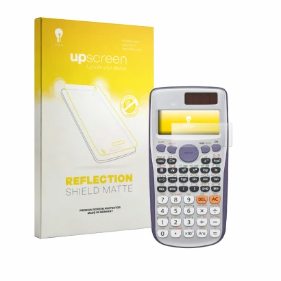 Front side of a product packaging with the brand logo upscreen. Next to it is the device Casio FX-991DE Plus shown with the co