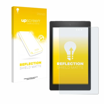 Front side of a product packaging with the brand logo upscreen. Next to it is the device Amazon Fire HD 8 2017 shown with the 