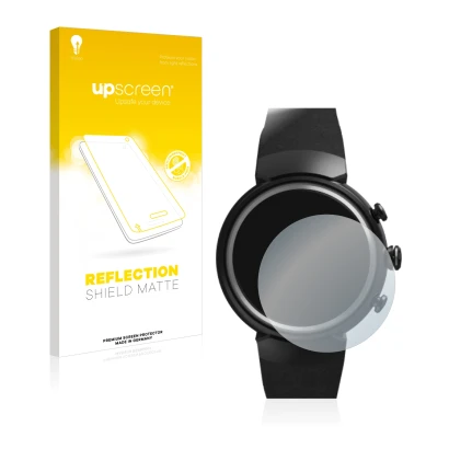 Front side of a product packaging with the brand logo upscreen. Next to it is the device ASUS ZenWatch 3 1.39" shown with the 