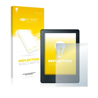 Front side of a product packaging with the brand logo upscreen. Next to it is the device Amazon Kindle 2016 (8th Gen.) shown w