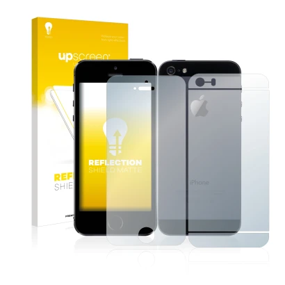 Front side of a product packaging with the brand logo upscreen. Next to it is the device Apple iPhone 5S (Front+Back) shown wi