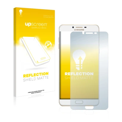 Front side of a product packaging with the brand logo upscreen. Next to it is the device Samsung Galaxy C9 Pro shown with the 