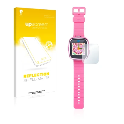 Front side of a product packaging with the brand logo upscreen. Next to it is the device Vtech Kidizoom Smart Watch DX shown w