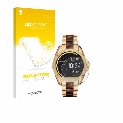 Front side of a product packaging with the brand logo upscreen. Next to it is the device Michael Kors Access Bradshaw shown wi