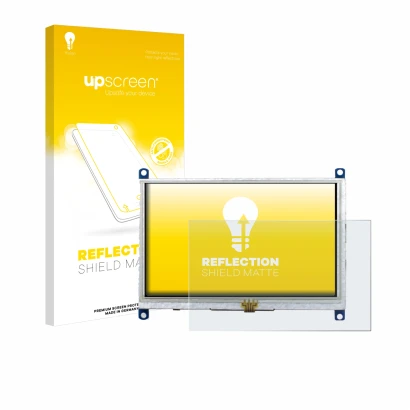 Front side of a product packaging with the brand logo upscreen. Next to it is the device Raspberry Pi Touchscreen 5" shown wit