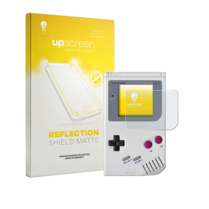 Front side of a product packaging with the brand logo upscreen. Next to it is the device Nintendo Gameboy (1989) shown with th
