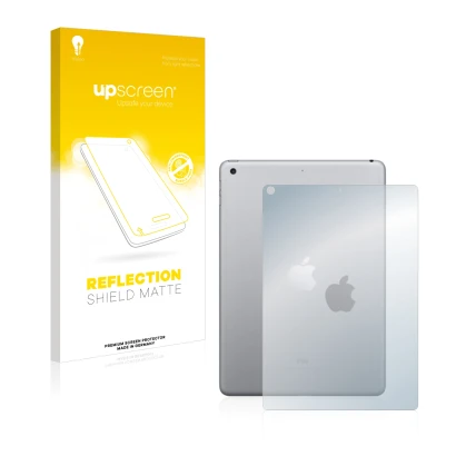Front side of a product packaging with the brand logo upscreen. Next to it is the device Apple iPad 9.7" 2017 (Back, 5th Gen.)