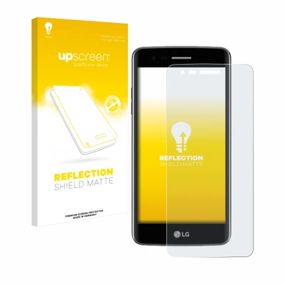 Front side of a product packaging with the brand logo upscreen. Next to it is the device LG K8 2017 shown with the correspondi