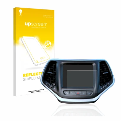 Front side of a product packaging with the brand logo upscreen. Next to it is the device Jeep Cherokee Uconnect 8.4" shown wit