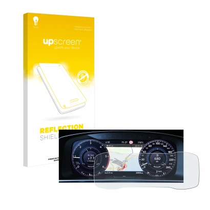 Front side of a product packaging with the brand logo upscreen. Next to it is the device Volkswagen Golf 7 Active Info Chockpi