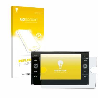 Front side of a product packaging with the brand logo upscreen. Next to it is the device Volkswagen Composition Media 2017 sho