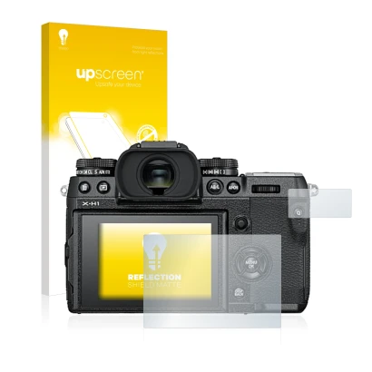 Front side of a product packaging with the brand logo upscreen. Next to it is the device Fujifilm X-H1 shown with the correspo