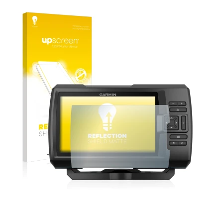 Front side of a product packaging with the brand logo upscreen. Next to it is the device Garmin Striker Plus 5cv shown with th