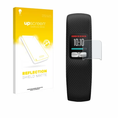 Front side of a product packaging with the brand logo upscreen. Next to it is the device Garmin Vivofit 4 shown with the corre