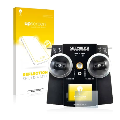 Front side of a product packaging with the brand logo upscreen. Next to it is the device Multiplex Cockpit SX9 shown with the