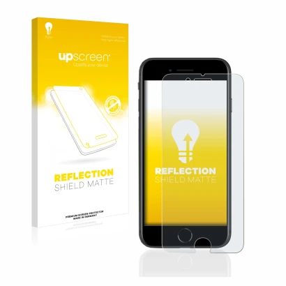 Front side of a product packaging with the brand logo upscreen. Next to it is the device Apple iPhone SE 2 2020 shown with the