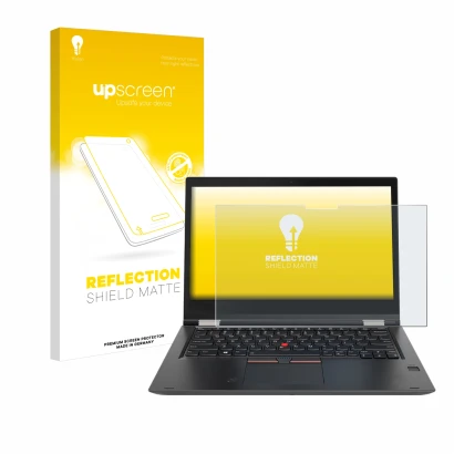 Front side of a product packaging with the brand logo upscreen. Next to it is the device Lenovo ThinkPad Yoga X380 shown with 