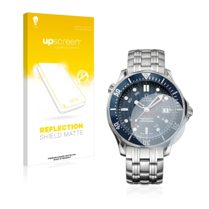 Front side of a product packaging with the brand logo upscreen. Next to it is the device Omega Seamaster Diver (41 mm) shown w