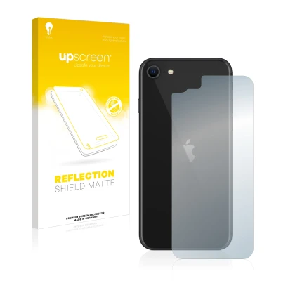 Front side of a product packaging with the brand logo upscreen. Next to it is the device Apple iPhone SE 2 2020 (Back) shown w