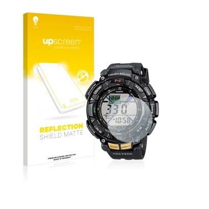 Front side of a product packaging with the brand logo upscreen. Next to it is the device Casio Pro Trek PRG-240-1ER shown with
