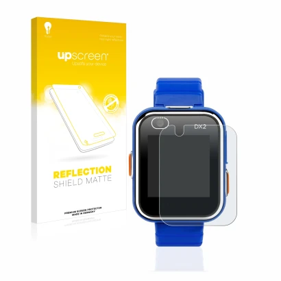 Front side of a product packaging with the brand logo upscreen. Next to it is the device Vtech Kidizoom Smart Watch DX2 shown 