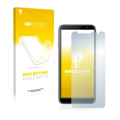 Front side of a product packaging with the brand logo upscreen. Next to it is the device Samsung Galaxy J6 Plus shown with the