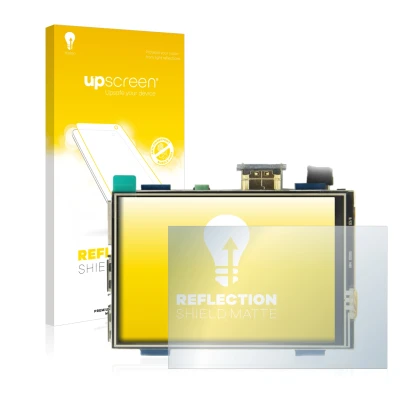 Front side of a product packaging with the brand logo upscreen. Next to it is the device Raspberry Pi Touchscreen (3.5") shown