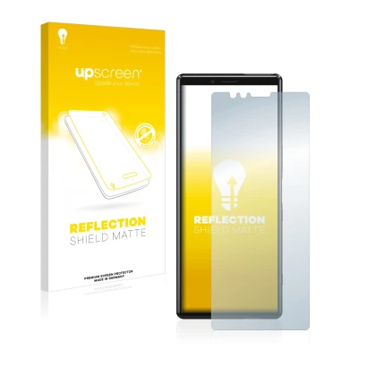 Front side of a product packaging with the brand logo upscreen. Next to it is the device Sony Xperia 1 shown with the correspo