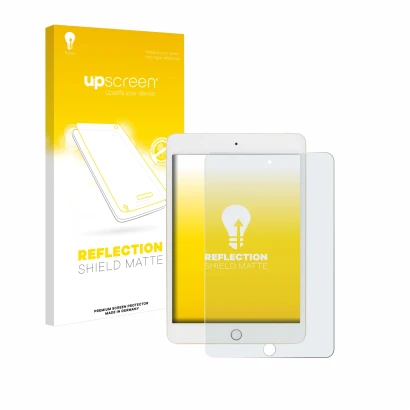 Front side of a product packaging with the brand logo upscreen. Next to it is the device Apple iPad Mini 5 2019 (5th. Gen.) sh