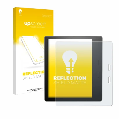 Front side of a product packaging with the brand logo upscreen. Next to it is the device Amazon Kindle Oasis 2019 (10th Gen.)