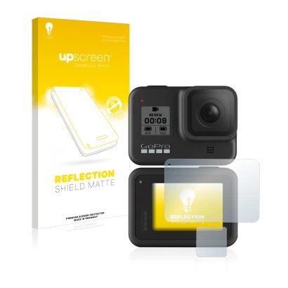 Front side of a product packaging with the brand logo upscreen. Next to it is the device GoPro Hero 8 Black shown with the cor