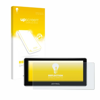 Front side of a product packaging with the brand logo upscreen. Next to it is the device Joying 4G Car Radio 8.8" shown with t