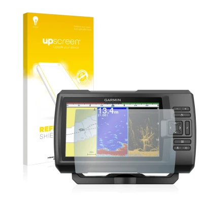Front side of a product packaging with the brand logo upscreen. Next to it is the device Garmin Striker Plus 9sv shown with th