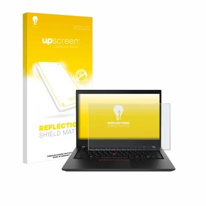 Front side of a product packaging with the brand logo upscreen. Next to it is the device Lenovo ThinkPad T490 Non-Touch shown