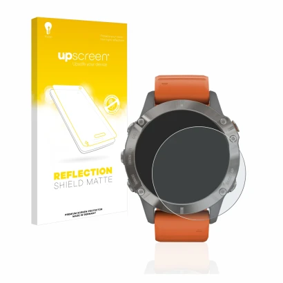 Front side of a product packaging with the brand logo upscreen. Next to it is the device Garmin Fenix 6 Pro shown with the cor