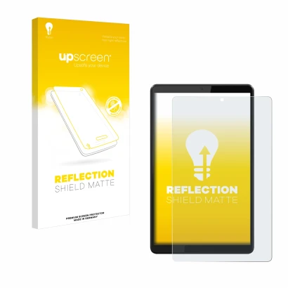 Front side of a product packaging with the brand logo upscreen. Next to it is the device Lenovo Tab M8 shown with the correspo