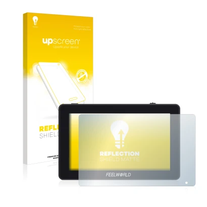 Front side of a product packaging with the brand logo upscreen. Next to it is the device Feelworld F6 Plus shown with the corr