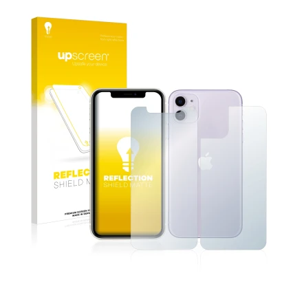 Front side of a product packaging with the brand logo upscreen. Next to it is the device Apple iPhone 11 (Front+Back) shown wi