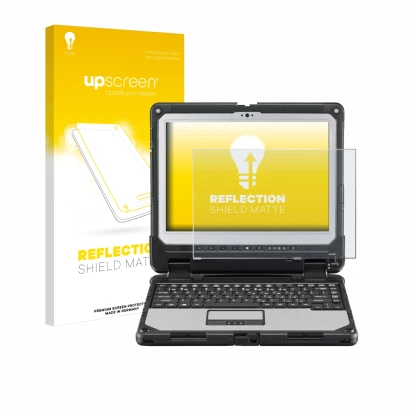 Front side of a product packaging with the brand logo upscreen. Next to it is the device Panasonic Toughbook CF-33 shown with 